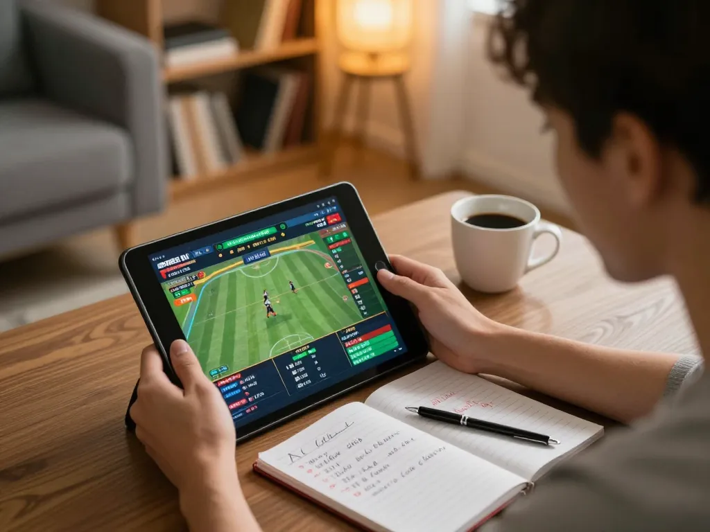 BJ88 user engaging in live sports betting on a tablet in a cozy home setting