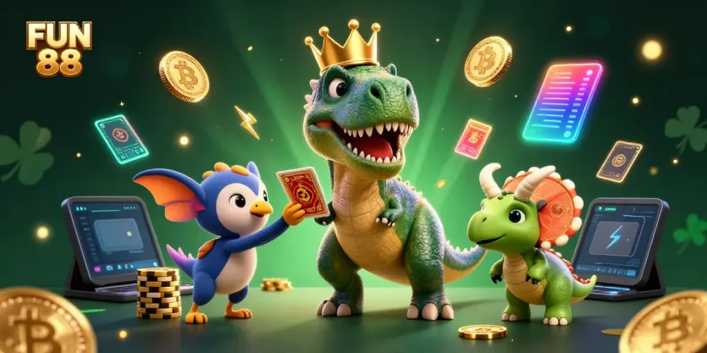 Engage in FUN 88's thrilling atmosphere with a T-Rex shuffling cards amidst crypto coins, showcasing dynamic gaming energy.