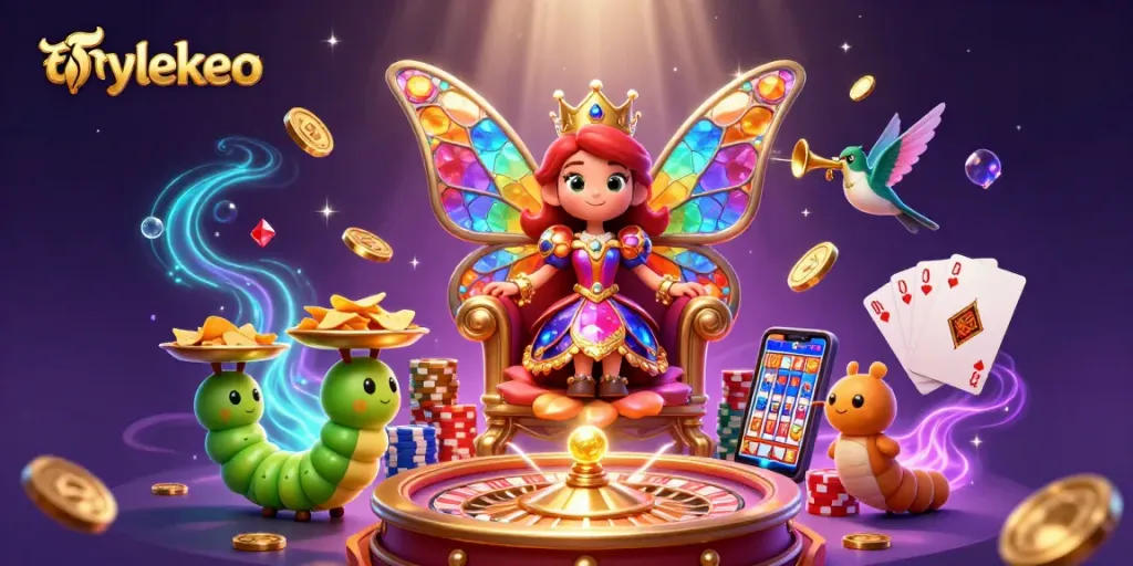 Engage with tylekeo's thrilling casino scene featuring a vibrant butterfly queen and dynamic game elements.