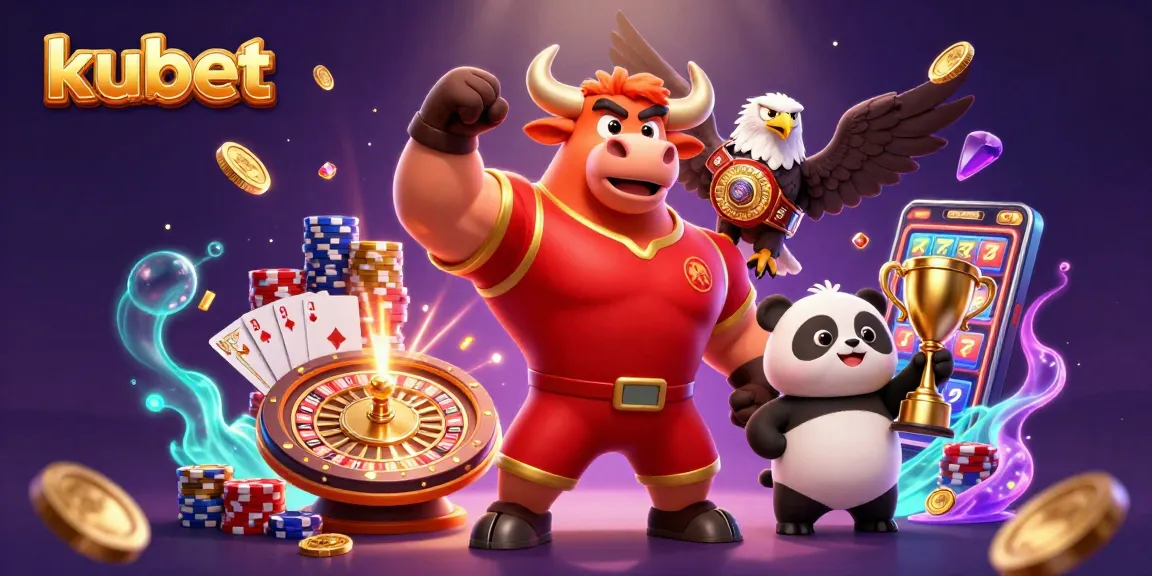 Celebreate big wins at kubet with a dynamic scene showcasing a bull mascot, eagle champion, and panda holding a trophy.