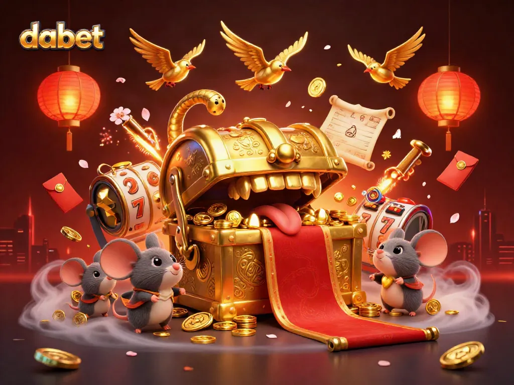 Dabet treasure chest captivates adventurer mice with riches in a vibrant casino scene.