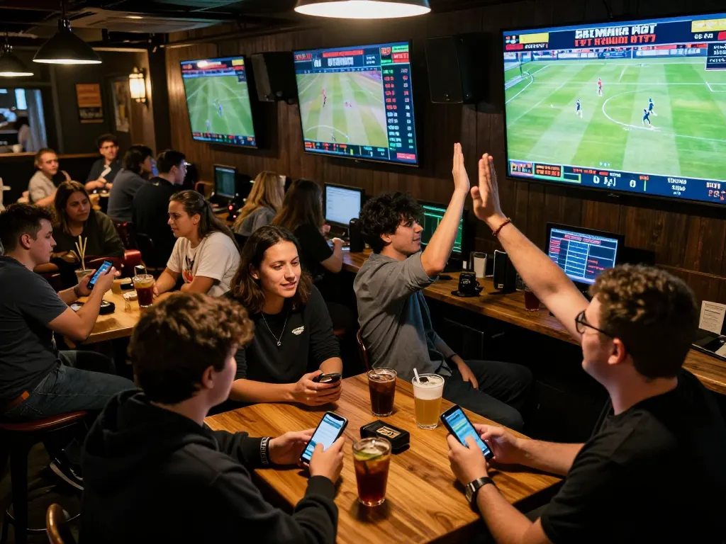 Engaging sports betting experience with 789wim on screens, friends celebrating bets at a lively sports bar.