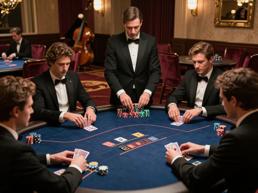 CM88 players engaging intensely in a luxurious poker game with chips stacked high.