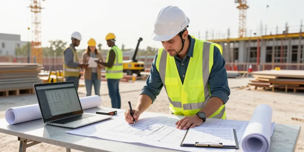 Quantity surveying services in action: a professional reviewing cost estimates on a construction site.