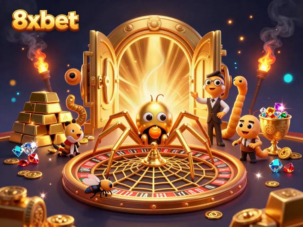 Experience thrilling bets with 8xbet through a vibrant illustration of a golden spider and dynamic gaming elements.