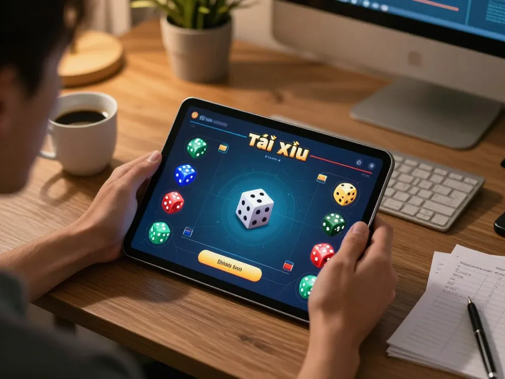 Engaging with the app tài xỉu online uy tín during focused gameplay on a tablet in a comfortable home setting.
