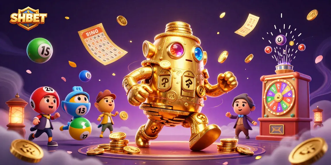 Engage in thrilling SHBET casino action with a dynamic cartoon scene of a golden golem and exciting game elements.
