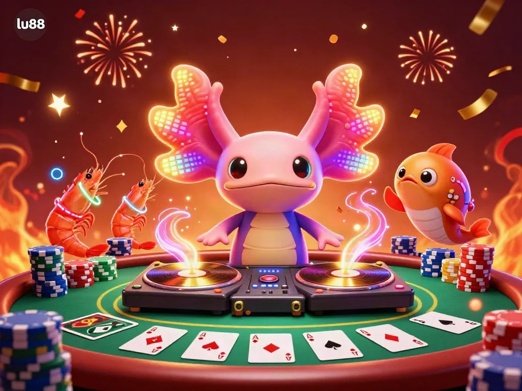 Experience vibrant gaming action at lu88 with dynamic axolotl DJ and colorful poker scene.