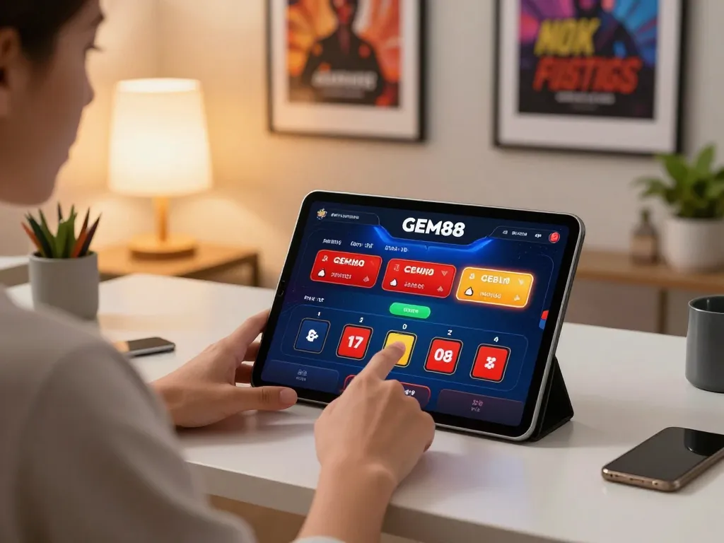 Play GEM88 online via tablet displaying a virtual blackjack game, warm home setting
