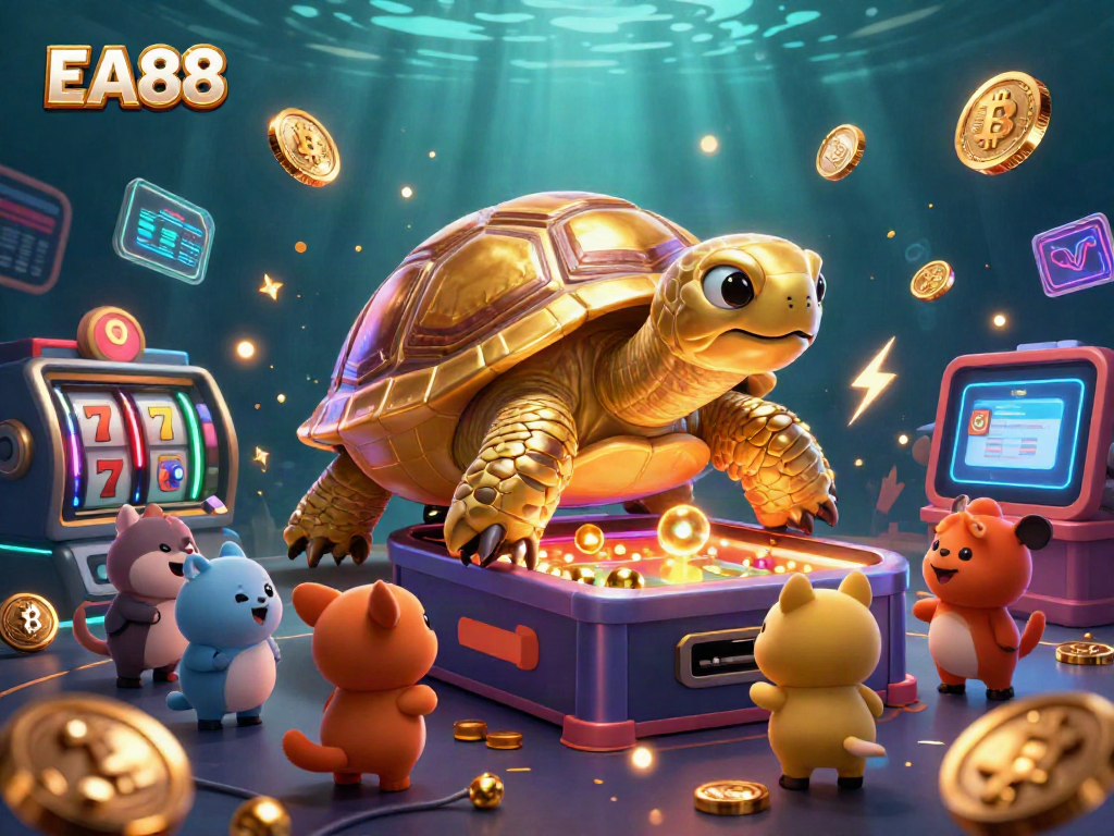 Engage with the captivating EA88 casino scene featuring a golden tortoise pinball machine and excited animals.