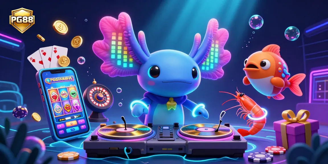 Experience thrilling gaming action with PG88 featuring neon axolotl DJ and dynamic slot elements.