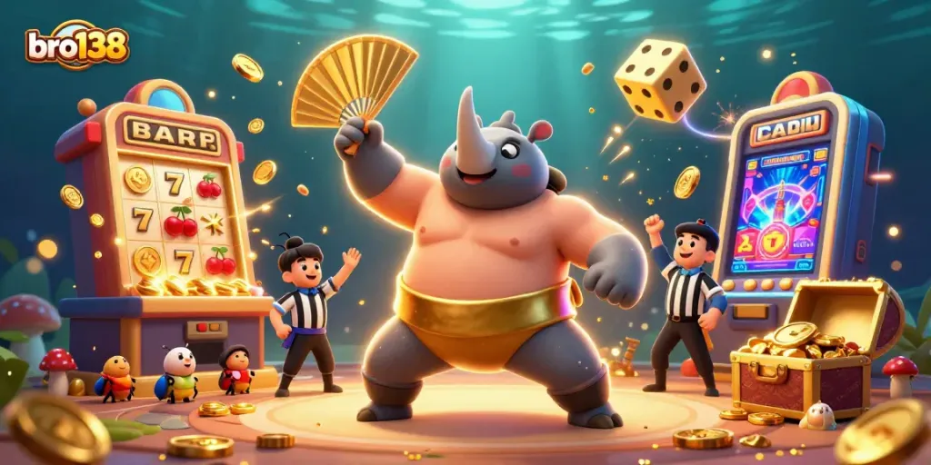 Spin and win with bro138 in a vibrant slot machine scene showcasing energetic characters and golden prizes.