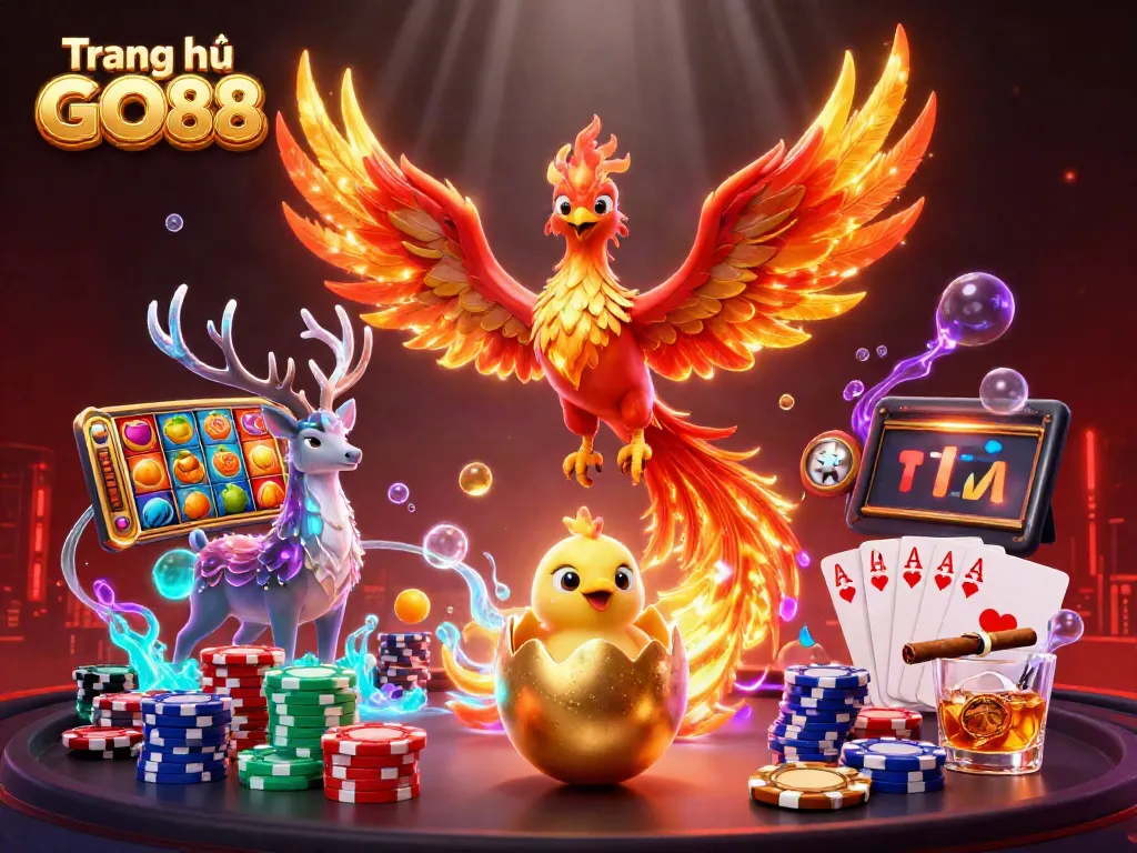 Engage with the vivid scene of Trang chủ GO88 showcasing a fire phoenix, baby phoenix, and mystical stag in a vibrant casino atmosphere.
