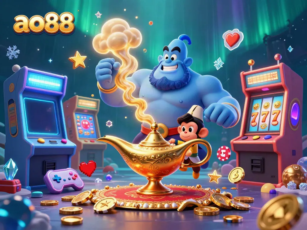 Experience the magic of ao88 with a dynamic scene featuring a genie, monkey, and casino elements.