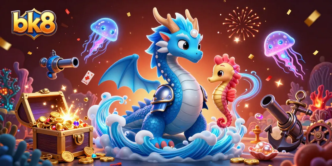 Experience thrilling gaming action with bk8 in this vibrant casino-inspired illustration featuring dragons, treasure, and adventure.