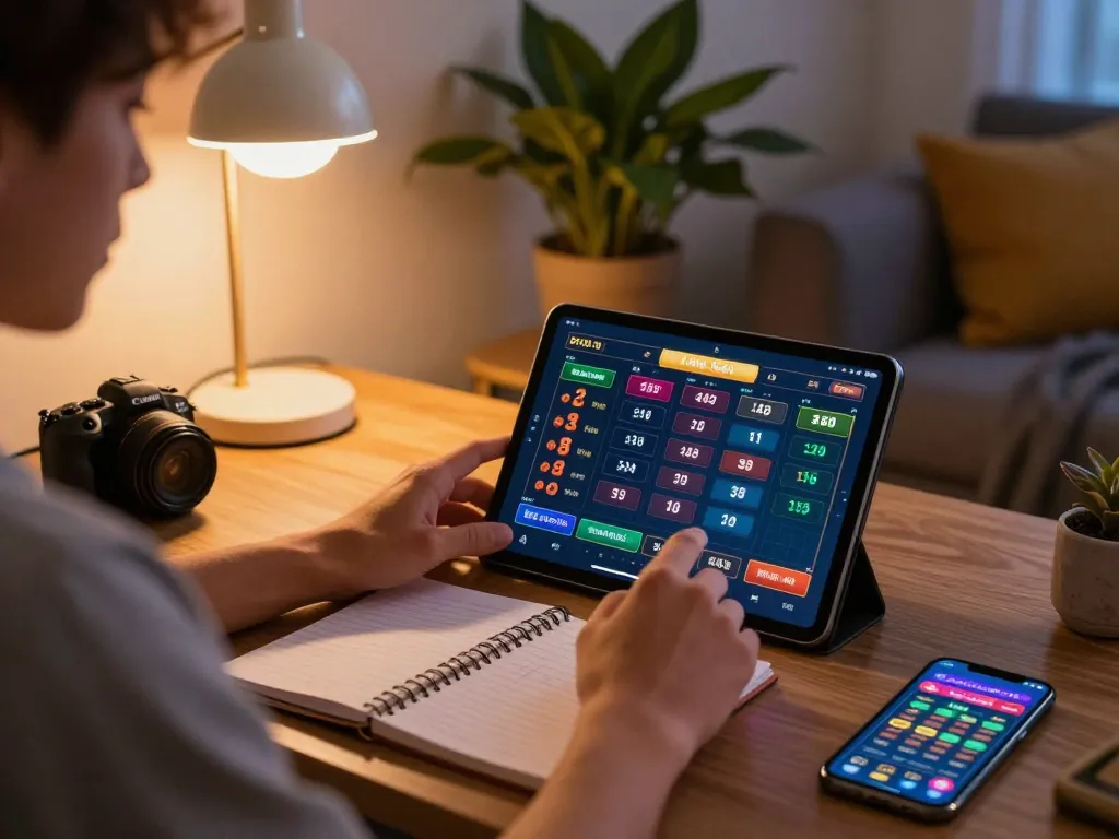 Lô Đề gaming on a tablet in a cozy home setup, reflecting strategic betting and responsible gaming.