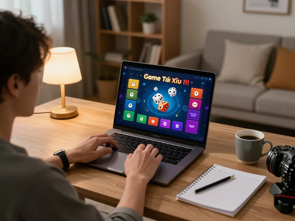 Engaging in an exciting Game Tài Xỉu session on a laptop in a cozy home office