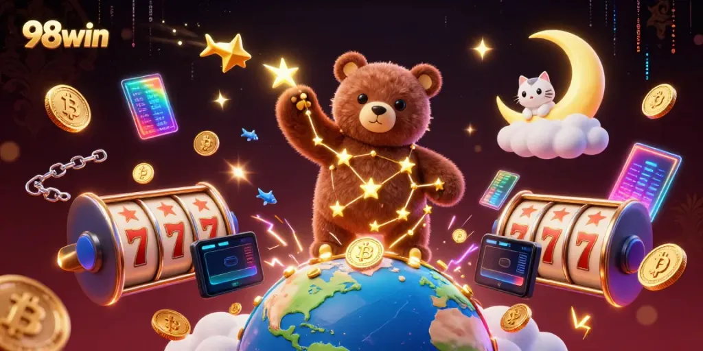 Engage in thrilling gaming adventures at 98win with vibrant 3D visuals featuring a constellation bear and dazzling casino elements.