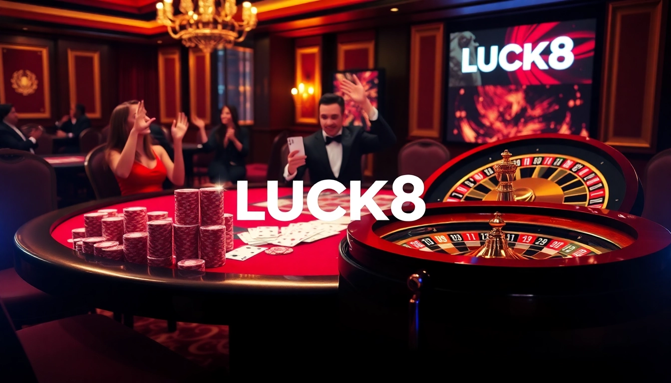 Experience the thrill of winning at nhà cái LUCK8's luxurious casino with poker chips and cards.
