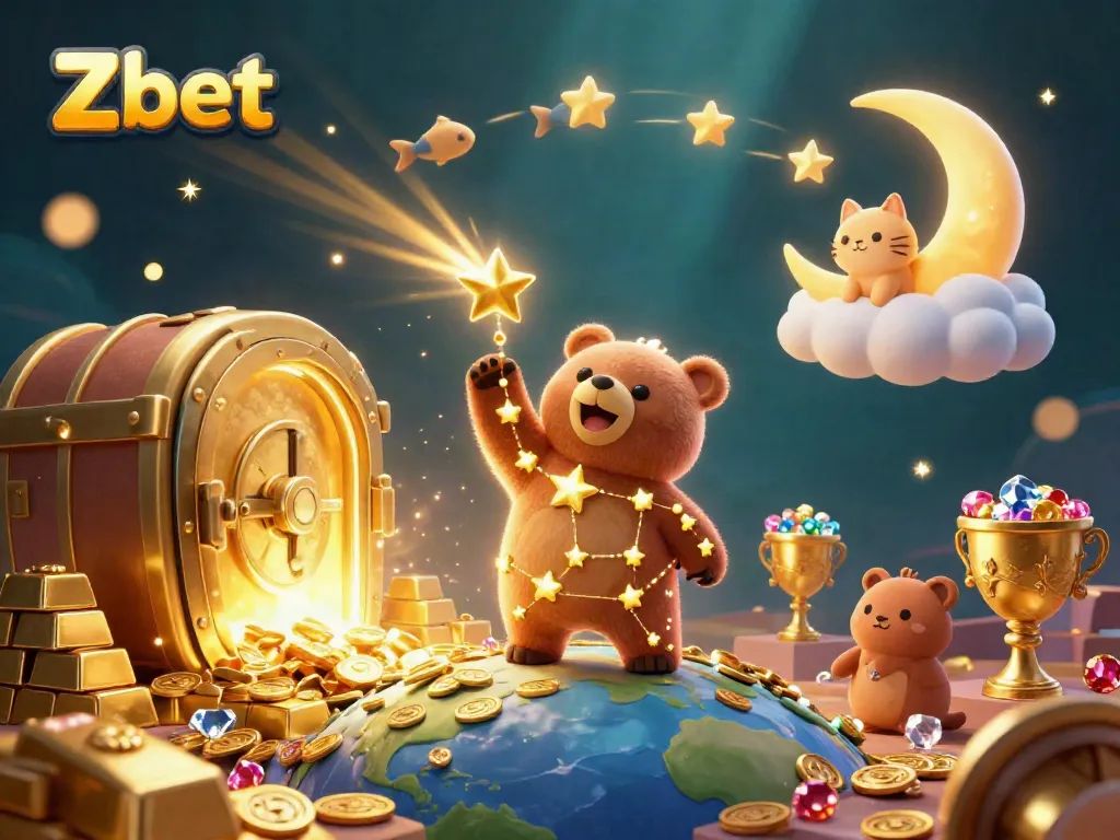 Experience the thrill of Zbet with a dazzling 3D scene featuring a golden constellation bear and treasure.