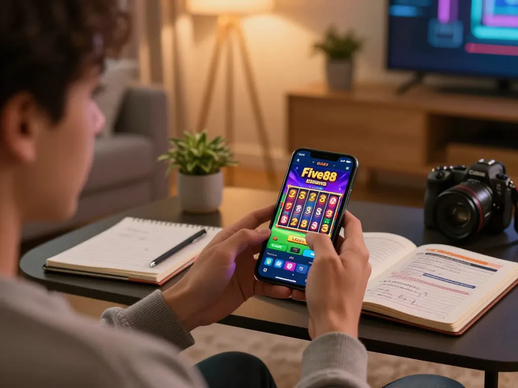 Engaging with the five88 casino app on a smartphone, player enhances online gaming experience in a cozy atmosphere.