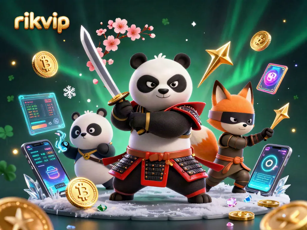 Engage with rikvip in a dynamic casino landscape highlighting Bitcoin and Ethereum coins amidst cartoon samurai and magic.