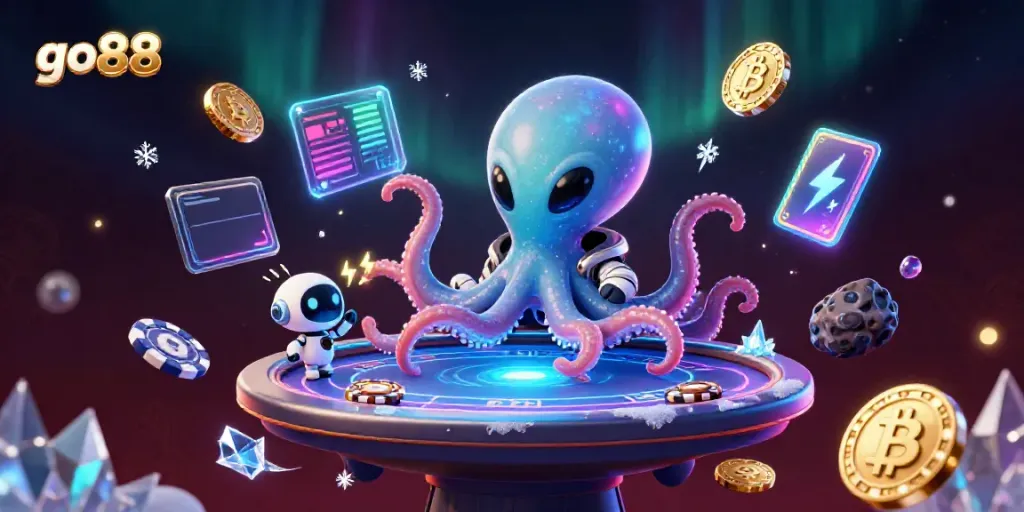 Engage in thrilling poker games with go88 in a vivid 3D galaxy setting featuring vibrant neon elements.