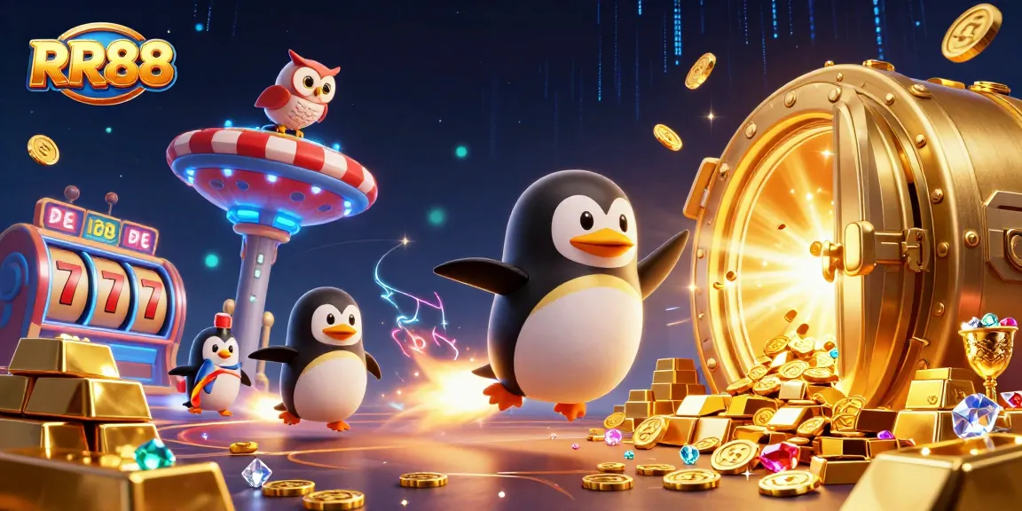 RR88 engages players in dynamic casino action with a golden penguin navigating a vibrant jackpot universe.