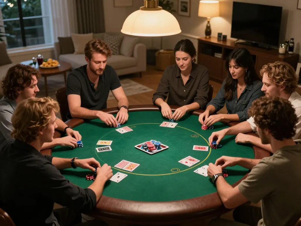 GG88 players enjoying an engaging poker game in a cozy home setting, showcasing strategic gameplay