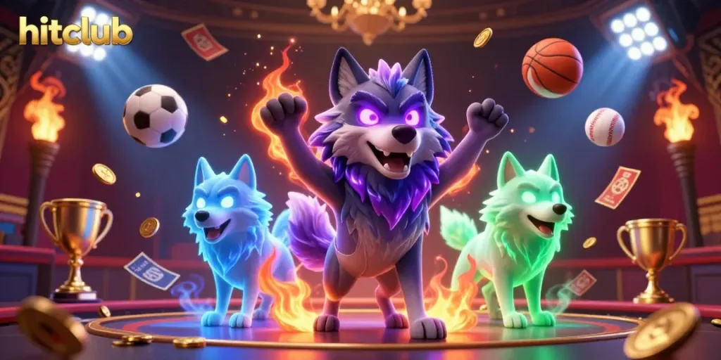 Hitclub offers a dynamic atmosphere with a 3D cartoon wolf leader and ghostly companions, immersed in casino excitement.