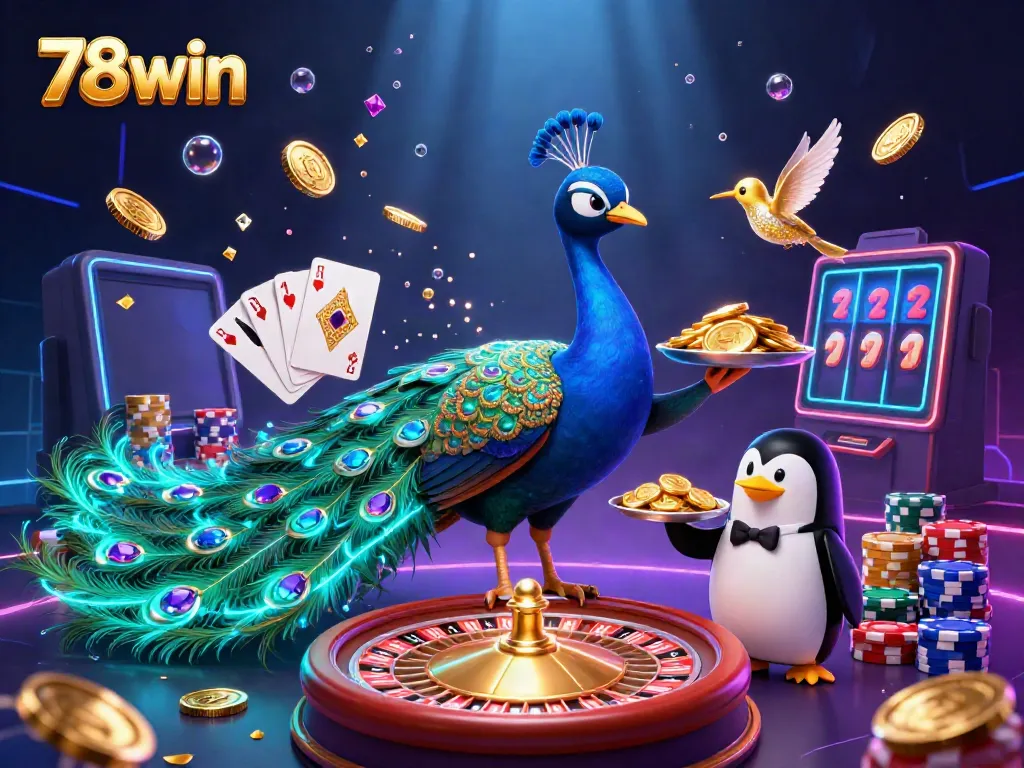 Experience the excitement of 78win with a vibrant, dynamic casino-themed illustration featuring a peacock and a butler penguin.