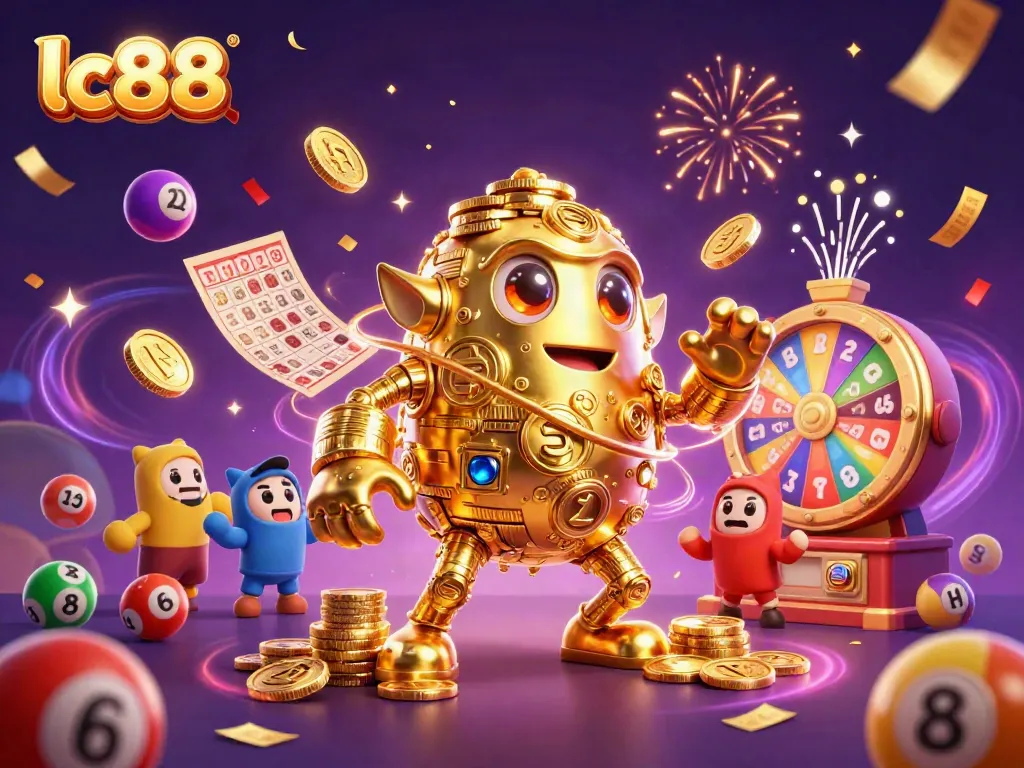 Engage with lc88's luxurious casino experience featuring vivid lottery elements and golden golem.