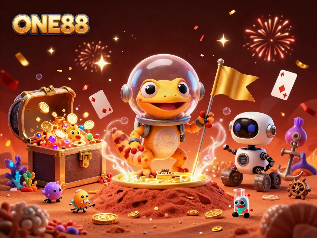 Immerse in the excitement of ONE88 as a Martian gecko uncovers a buried casino with vibrant game elements.