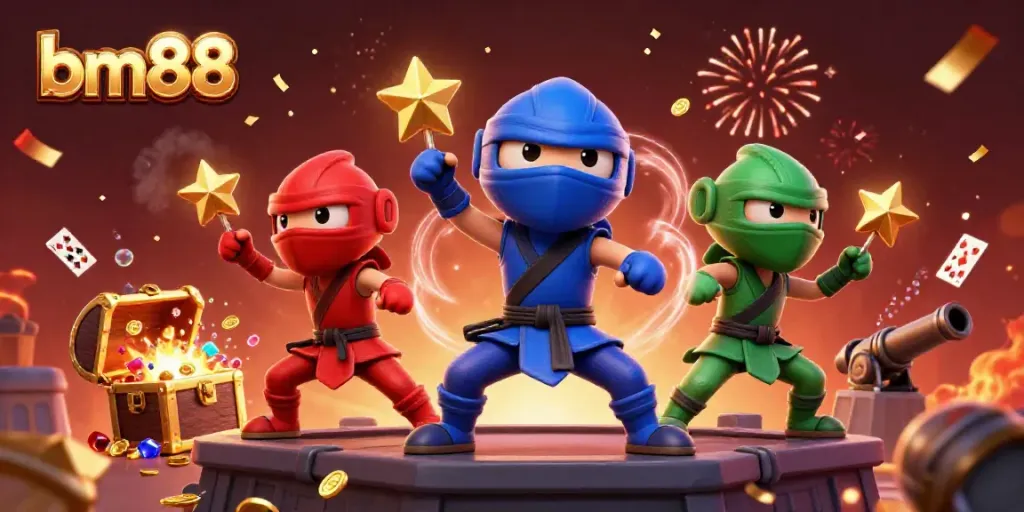 Experience exciting martial arts poses with the bm88 chameleons in a vibrant casino-themed illustration.