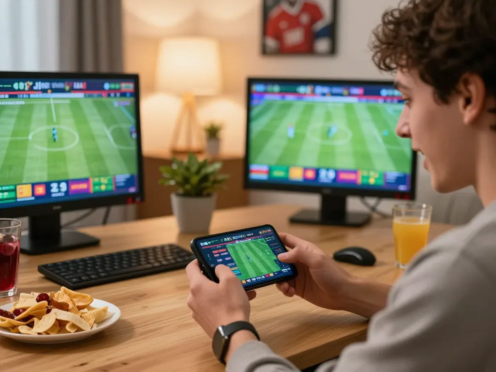 Person placing a bet on bk33 using a smartphone at home, showcasing an excited sports betting moment.
