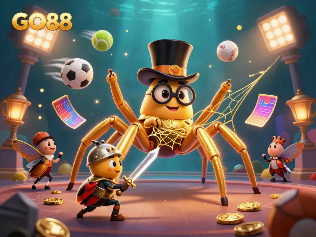 Immersive GO88 gaming scene with a golden tarantula and beetle knight amidst vibrant casino elements.