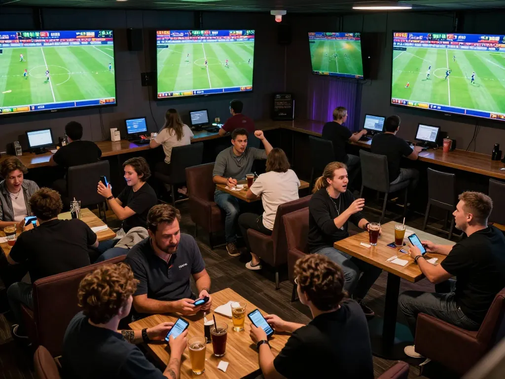 Sports betting excitement at Cakhiatv with fans cheering and using mobile devices for live bets.