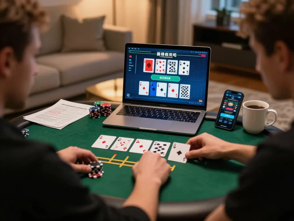 11win player focused on online poker strategy with laptop and notes at home