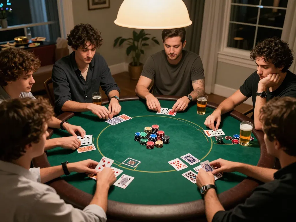 Players enjoying a lively poker game at home, showcasing SC88 strategies with vibrant chips and cards