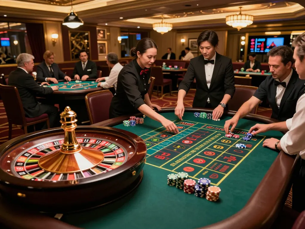Players engage in thrilling roulette at 789win, surrounded by elegant casino decor and vibrant atmosphere.