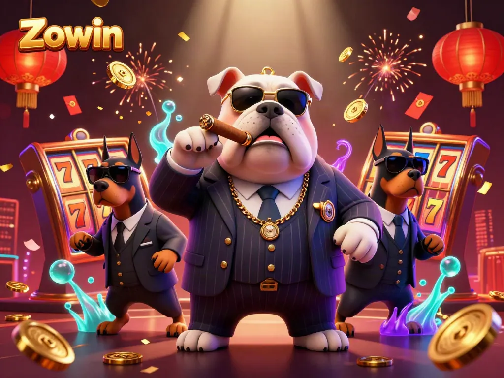 Experience thrilling moments with Zowin, featuring a mafia bulldog in a vibrant casino scene.