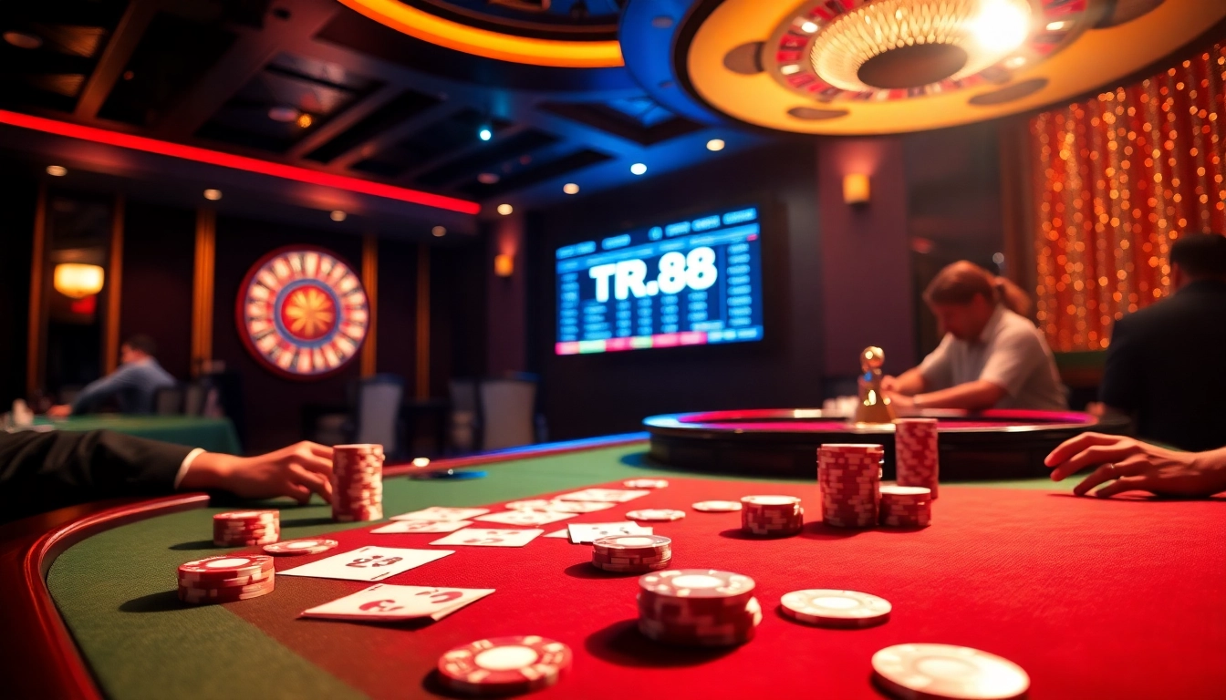 TR88 gamers engaged at a luxurious casino poker table, emphasizing strategy and excitement.