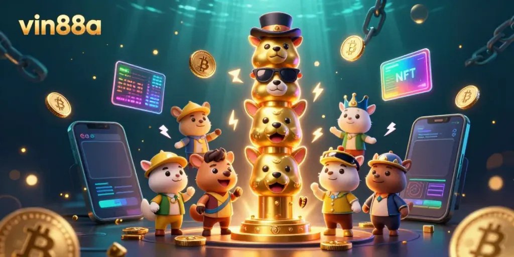 Betting with vin88a features a vibrant totem of wildlife engaging in casino fun, surrounded by cryptocurrency elements.