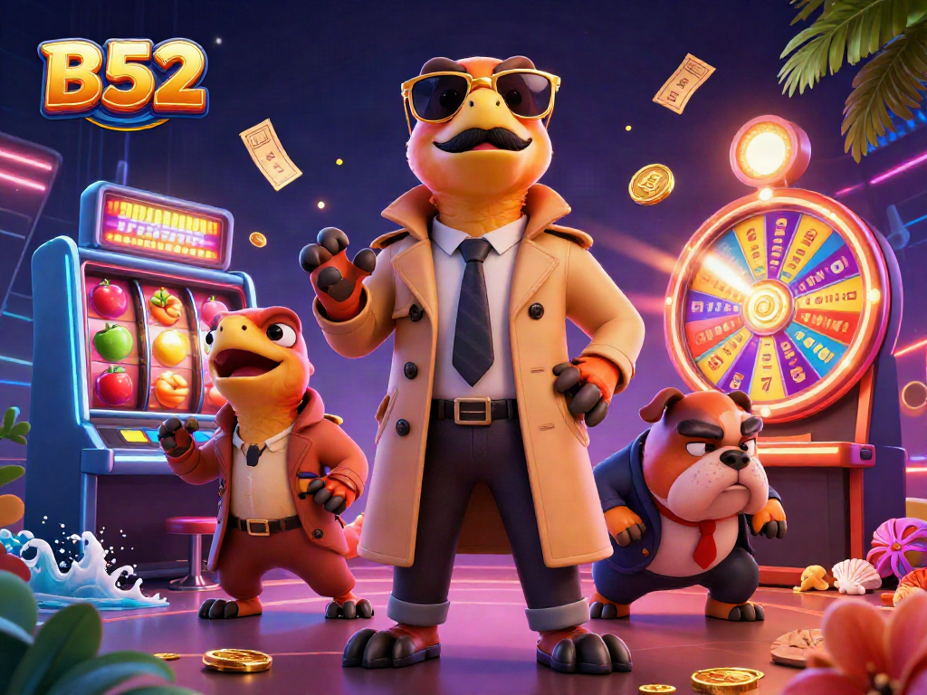 B52 casino lounge scene featuring three raptors disguised as a tall person, entering amidst slot reels and vibrant game elements.