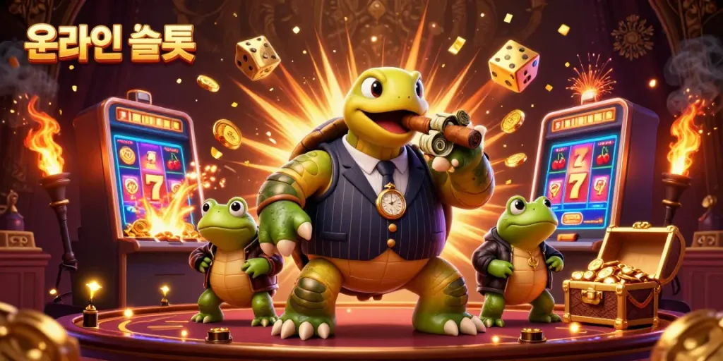 Experience thrilling action with 온라인슬롯 as a turtle mobster and bullfrog enforcers celebrate a jackpot explosion.