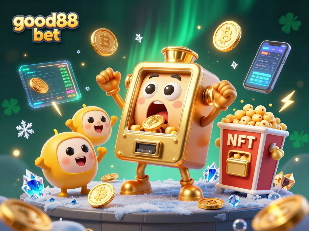 Engage with good88 bet and enjoy thrilling casino experiences illustrated by cheerful slot machines and crypto elements.