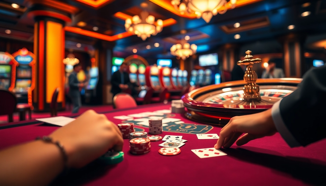 77Bet gaming table with vibrant poker chips and elegant cards, showcasing a thrilling casino atmosphere.