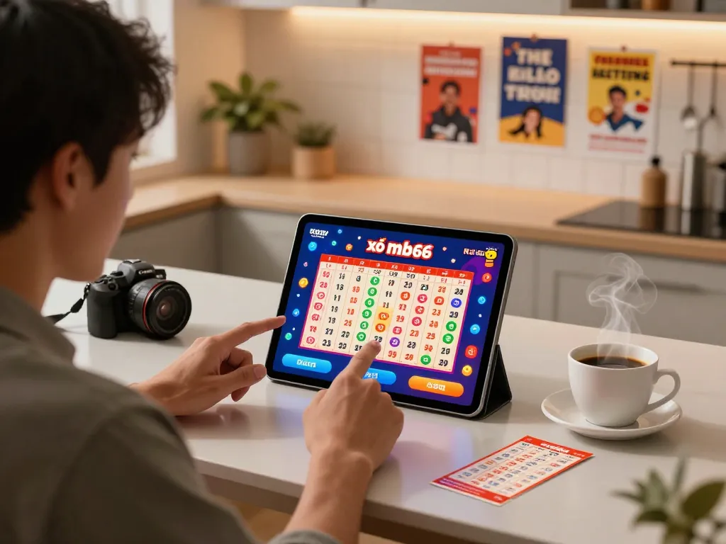 Xổ số mb66 player celebrates engaging with their favorite lottery app on a tablet.