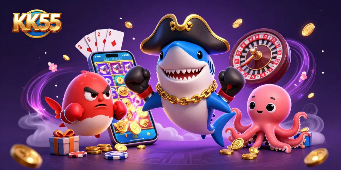 Engage with KK55 casino fun featuring a cartoon pirate shark, pufferfish, and octopus amidst thrilling gaming elements.