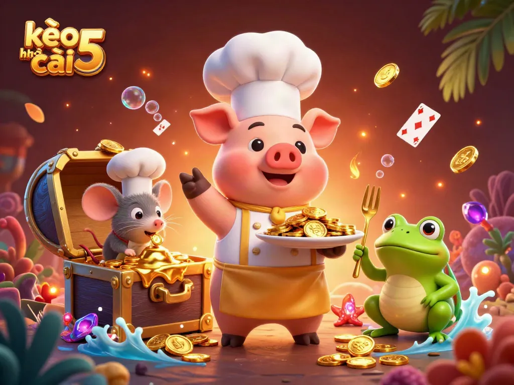 Engage with kèo nhà cái 5 featuring a cartoon chef pig serving gold coins amidst vibrant casino imagery.